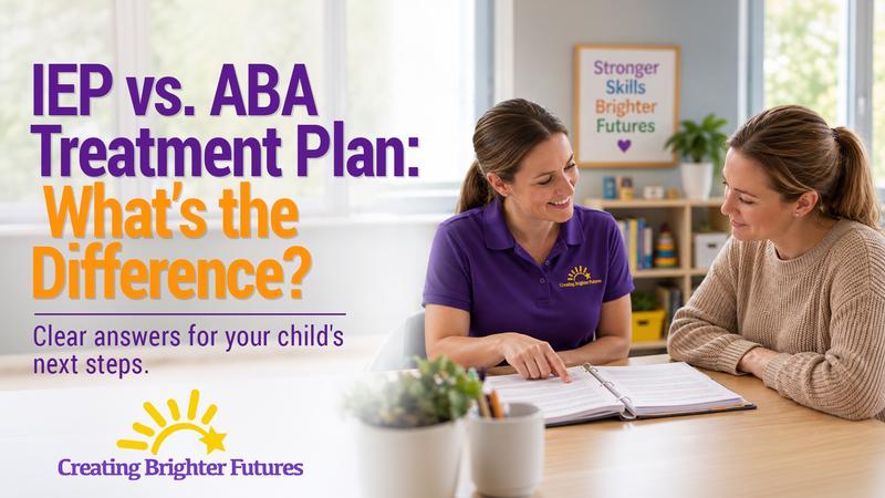 A smiling therapist in a purple Creating Brighter Futures shirt reviews a binder of plans with a mother at a table, helping her compare school and therapy goals.